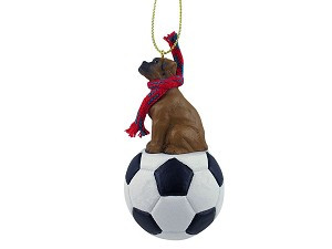 Tawny | Uncropped Ears Boxer Dog on Soccer Ball Christmas Ornament – Hand-Painted Stone Resin