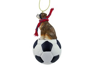 Brindle Uncropped Ears Boxer Dog on Soccer Ball Christmas Ornament – Hand-Painted Stone Resin