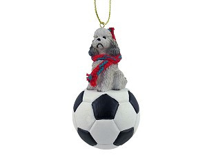 Gray Sport Cut Poodle Dog on Soccer Ball Christmas Ornament – Hand-Painted Stone Resin
