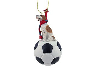 Brown & White Pointer Dog on Soccer Ball Christmas Ornament – Hand-Painted Stone Resin
