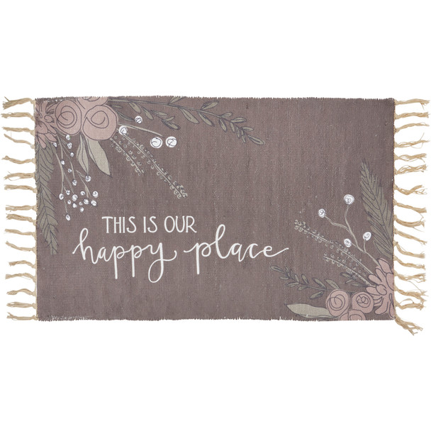 Decorative Cotton Area Rug With Tassels - This Is Our Happy Place - Floral Design 34x20 from Primitives by Kathy