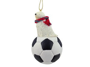 Komondor Dog on Soccer Ball Christmas Ornament – Hand-Painted Stone Resin