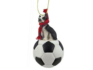 Boston Terrier Dog on Soccer Ball Hanging Ornament – Hand-Painted Stone Resin