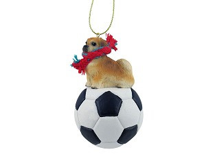 Tan and cream Tibetan Spaniel Dog on Soccer Ball Christmas Ornament – Hand-Painted Stone Resin