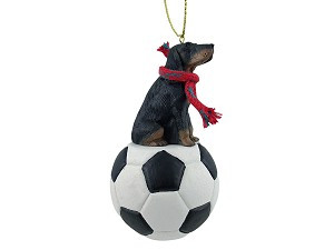 Black & Tan Coonhound Dog on Soccer Ball Christmas Ornament – Hand-Painted Stone Resin