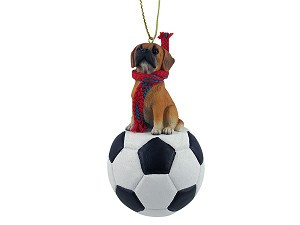 Puggle Dog on Soccer Ball Christmas Ornament – Hand-Painted Stone Resin