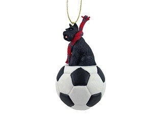 Black Schnauzer Dog on Soccer Ball Hanging Ornament – Hand-Painted Stone Resin