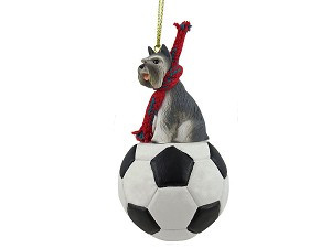 Gray Schnauzer Dog on Soccer Ball Christmas Ornament – Hand-Painted Stone Resin