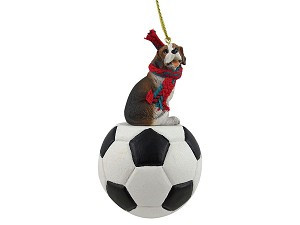 Beagle Dog on Soccer Ball Christmas Ornament – Hand-Painted Stone Resin