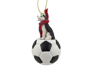 Black & White Blue Eyes Husky Dog on Soccer Ball Christmas Ornament – Hand-Painted Stone Resin