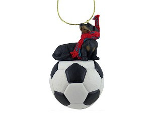 Black Dachshund Dog on Soccer Ball Hanging Ornament – Hand-Painted Stone Resin