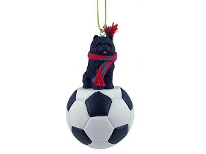 Black Chow Dog on Soccer Ball Christmas Ornament – Hand-Painted Stone Resin