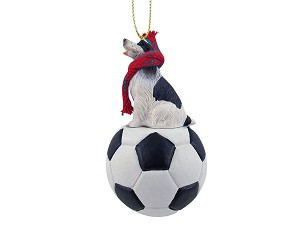 Black & White Springer Spaniel Dog on Soccer Ball Christmas Ornament – Hand-Painted Stone Resin