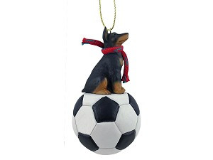 Black with Cropped Ears Doberman Pinscher Dog on Soccer Ball Christmas Ornament