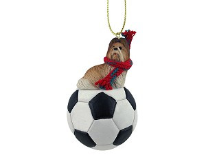 Tan Shih Tzu Dog on Soccer Ball Christmas Ornament – Hand-Painted Stone Resin