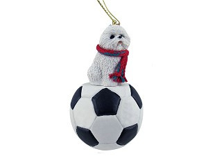 Bichon Frise Dog on Soccer Ball Christmas Ornament – Hand-Painted Stone Resin
