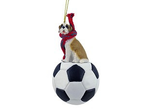 Rough Coat Saint Bernard Dog on Soccer Ball Christmas Ornament – Hand-Painted Stone Resin