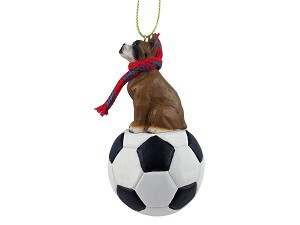 Brown Boxer Dog on Soccer Ball Christmas Ornament – Hand-Painted Stone Resin