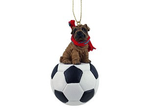 Brown Shar Pei Dog on Soccer Ball Christmas Ornament – Hand-Painted Stone Resin