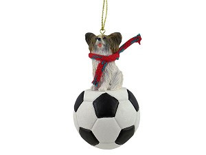 Brown & White Papillon Dog on Soccer Ball Christmas Ornament – Hand-Painted Stone Resin