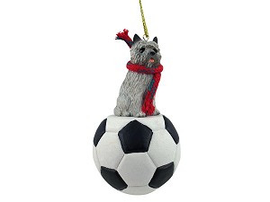 Gray Cairn Terrier Dog on Soccer Ball Christmas Ornament – Hand-Painted Stone Resin