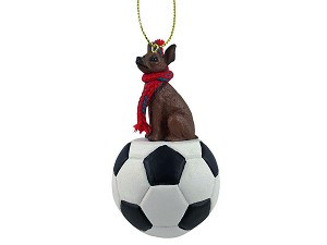 Red & Brown Miniature Pinscher Dog on Soccer Ball Christmas Ornament – Hand-Painted Stone Resin