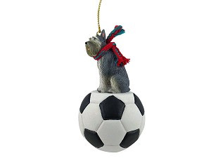 Gray Giant Schnauzer Dog on Soccer Ball Christmas Ornament – Hand-Painted Stone Resin