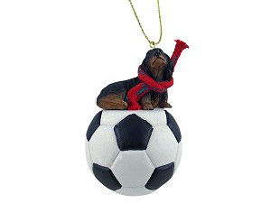 Longhaired Black Dachshund Dog on Soccer Ball Christmas Ornament – Hand-Painted Stone Resin