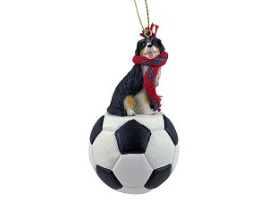 Bernese Mountain Dog on Soccer Ball Christmas Ornament – Hand-Painted Stone Resin