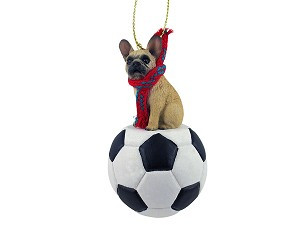 Fawn French Bulldog on Soccer Ball Christmas Ornament – Hand-Painted Stone Resin