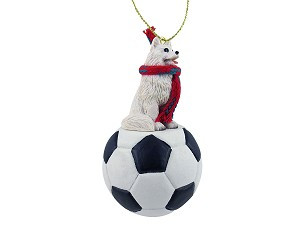 American Eskimo Dog on Soccer Ball Christmas Ornament – Hand-Painted Stone Resin