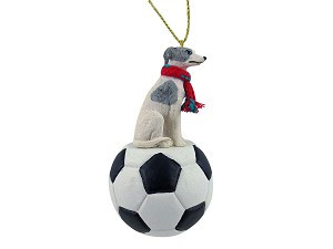Gray & White Whippet Dog on Soccer Ball Christmas Ornament – Hand-Painted Stone Resin