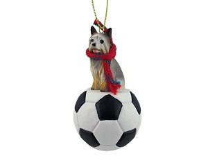 Silky Terrier Dog on Soccer Ball Christmas Ornament – Hand-Painted Stone Resin