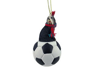 Bearded Collie Dog on Soccer Ball Christmas Ornament – Hand-Painted Stone Resin