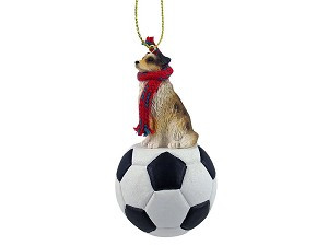 Brown Australian Shepherd Dog on Soccer Ball Christmas Ornament – Hand-Painted Stone Resin