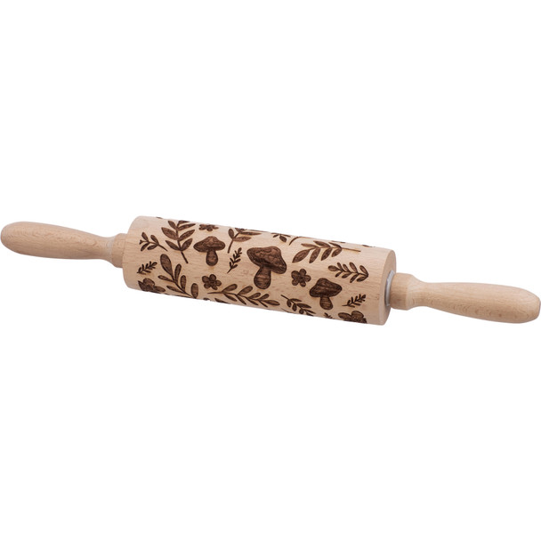 Small Wooden Embossing Rolling Pin - Mushrooms & Florals 13.75 Inch - Cottage Collection from Primitives by Kathy