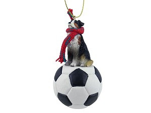 Tricolor Australian Shepherd Dog on Soccer Ball Christmas Ornament – Hand-Painted Stone Resin