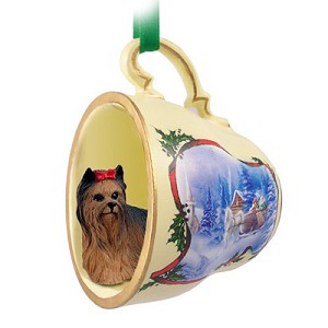 Yorkshire Terrier Dog in Sleigh Ride Tea Cup Christmas Ornament – Hand-Painted Stone Resin