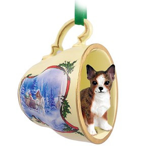 Brindle & White Chihuahua Dog in Sleigh Ride Tea Cup Christmas Ornament – Hand-Painted Stone Resin