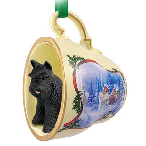 Black Schnauzer Dog in Sleigh Ride Tea Cup Christmas Ornament – Hand-Painted Stone Resin