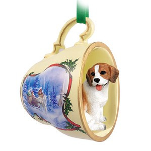 Beagle Dog in Sleigh Ride Tea Cup Christmas Ornament – Hand-Painted Stone Resin