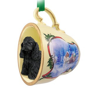 Black Cocker Spaniel Dog in Sleigh Ride Tea Cup Christmas Ornament – Hand-Painted Stone Resin