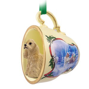 Blonde Cocker Spaniel Dog in Sleigh Ride Tea Cup Christmas Ornament – Hand-Painted Stone Resin