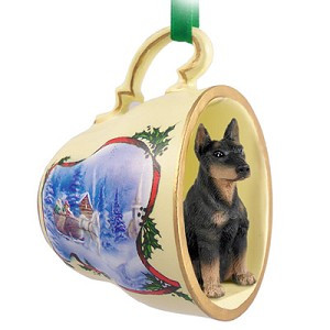 Black with Cropped Ears Doberman Pinscher Dog in Sleigh Ride Tea Cup Christmas Ornament