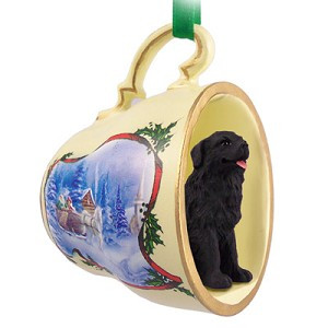 Newfoundland Dog in Sleigh Ride Tea Cup Christmas Ornament – Hand-Painted Stone Resin