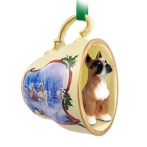 Brown Boxer Dog in Sleigh Ride Tea Cup Christmas Ornament – Hand-Painted Stone Resin