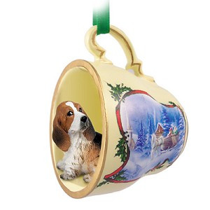 Basset Hound Dog in Sleigh Ride Tea Cup Christmas Ornament – Hand-Painted Stone Resin