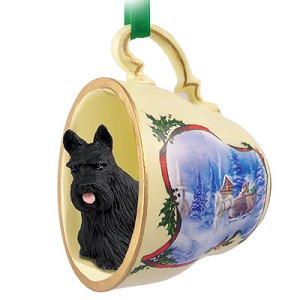 Black Scottish Terrier Dog in Sleigh Ride Tea Cup Christmas Ornament – Hand-Painted Stone Resin