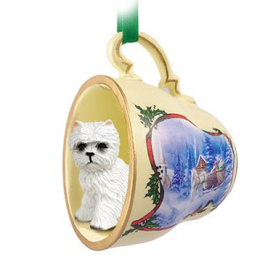 West Highland White Terrier Dog in Sleigh Ride Tea Cup Christmas Ornament – Hand-Painted Stone Resin