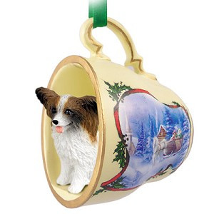 Brown & White Papillon Dog in Sleigh Ride Tea Cup Christmas Ornament – Hand-Painted Stone Resin